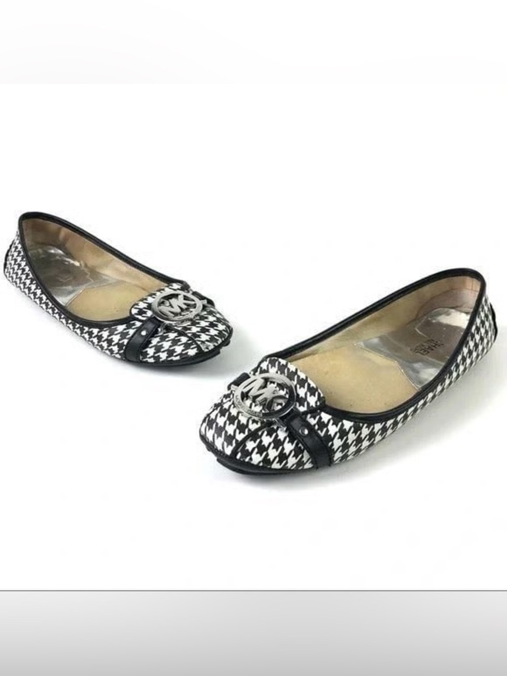 Michael Kors Black and White Houndstooth MK Logo Ballet Flats